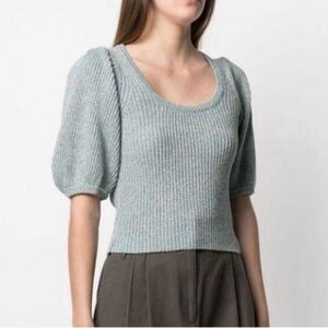 Ganni Light Green Blue Puff Sleeve Knit Top Medium Preppy Quiet Luxury